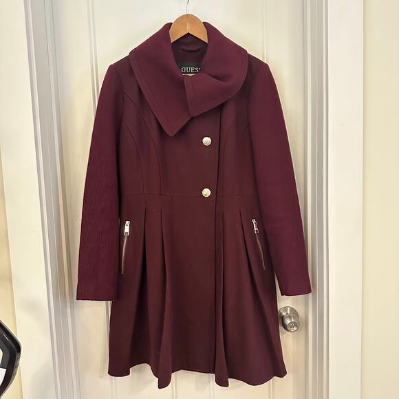 Guess Women's Pleated Wool Blend Flared Coat Burgundy Size Large - Picture 3 of 14